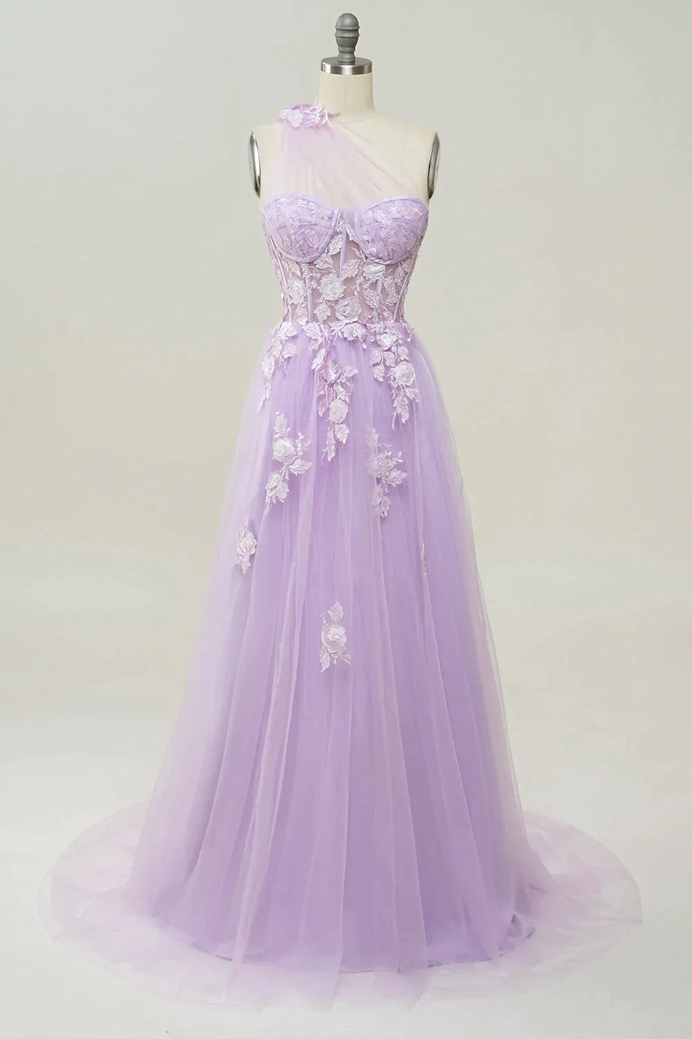 Wholesa Elegant A Line One Shoulder Purple Long Prom Dress with Appliques