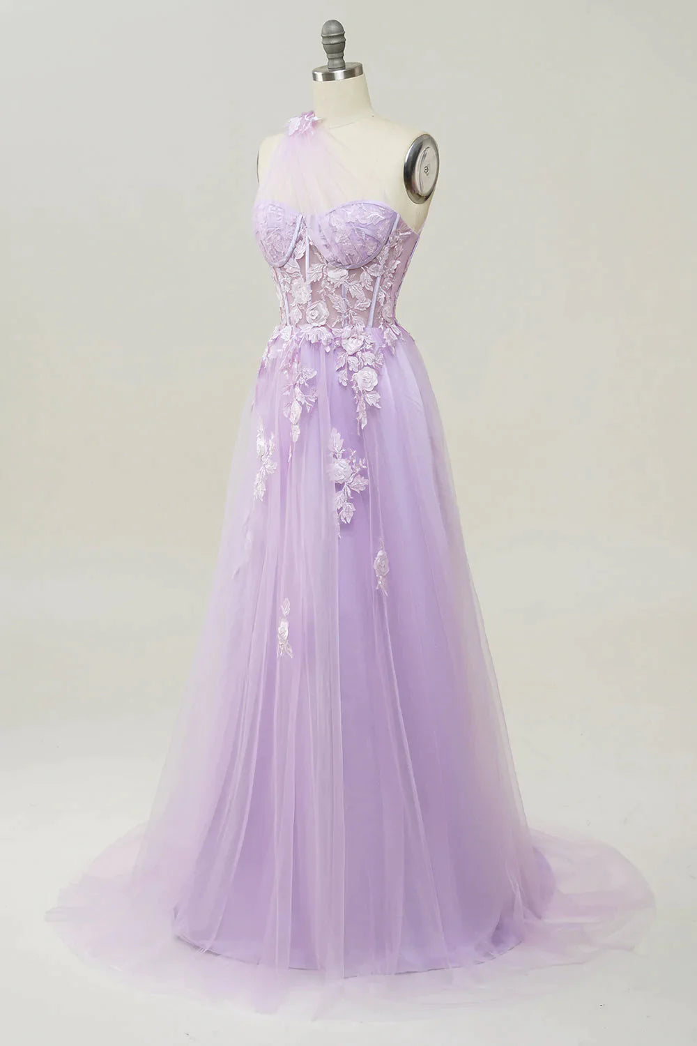 Wholesa Elegant A Line One Shoulder Purple Long Prom Dress with Appliques