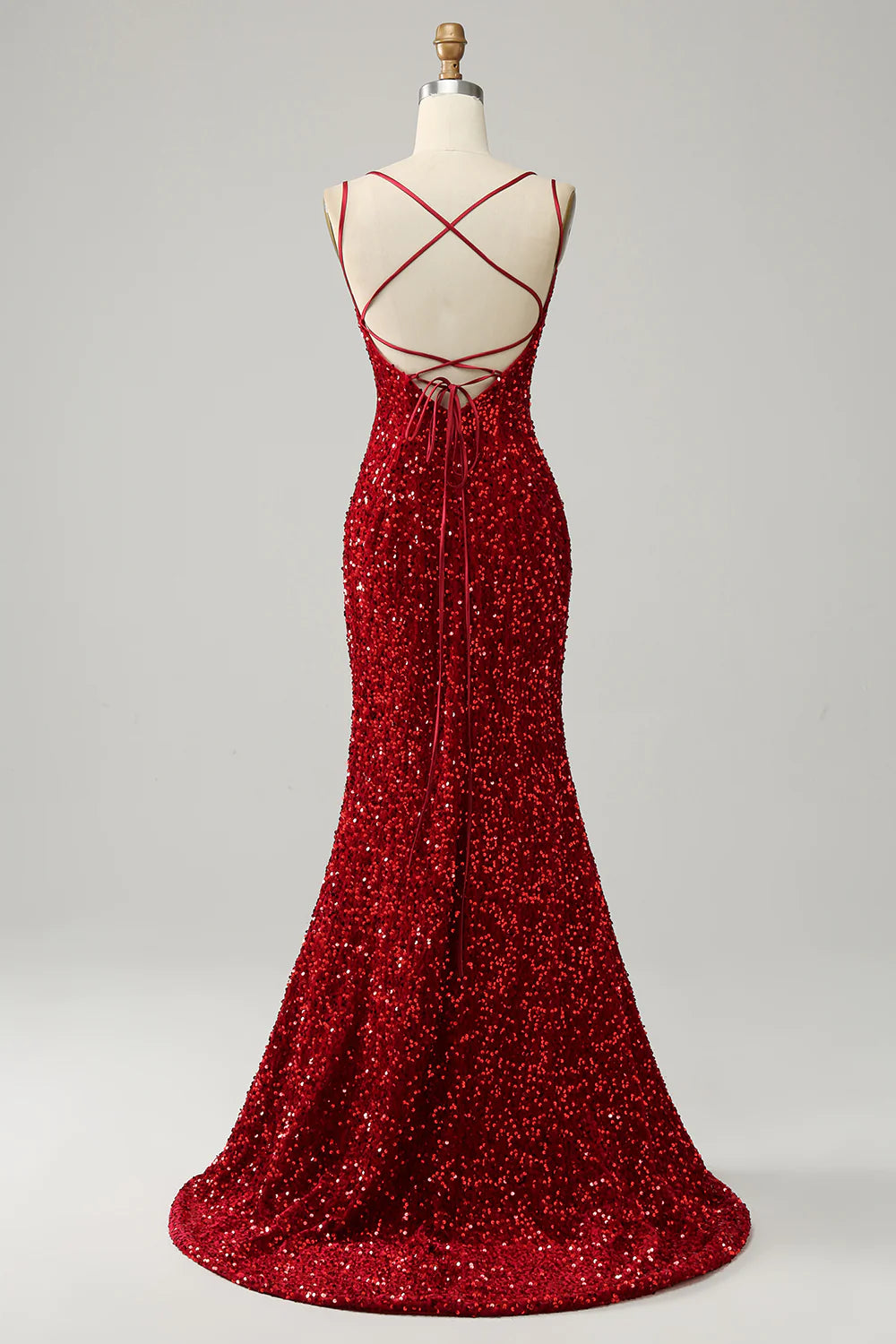 Wholesa Red Sparkly Mermaid Backless Long Prom Dress with Fringes