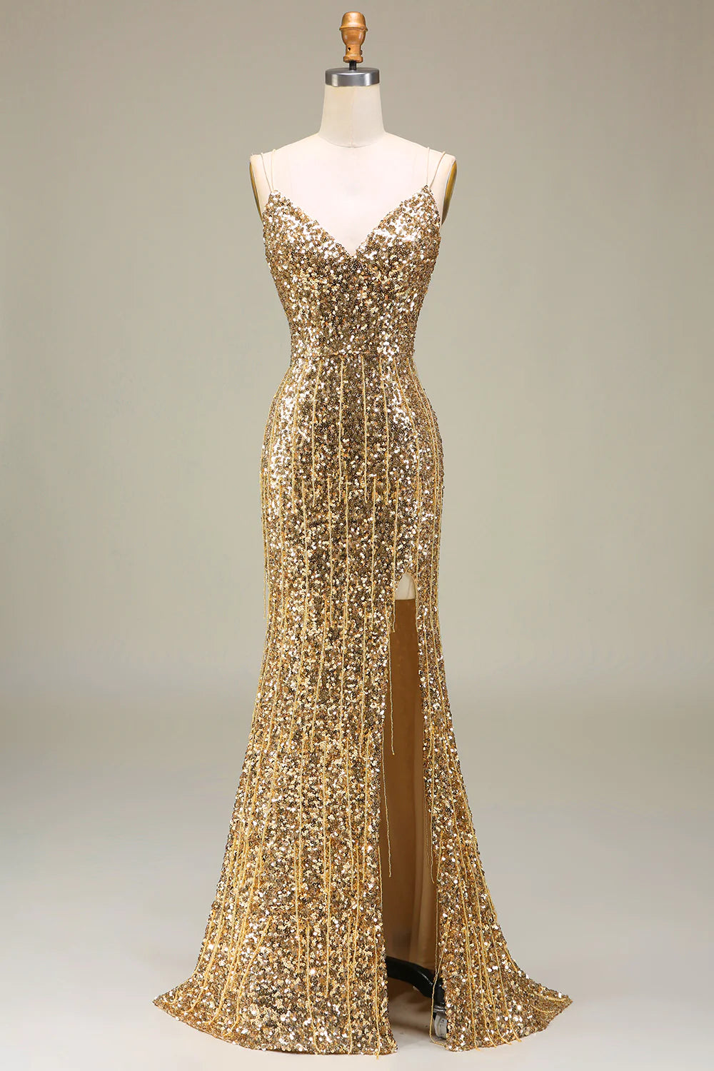 Wholesa Sparkly Mermaid Golden Long Prom Dress with Slit