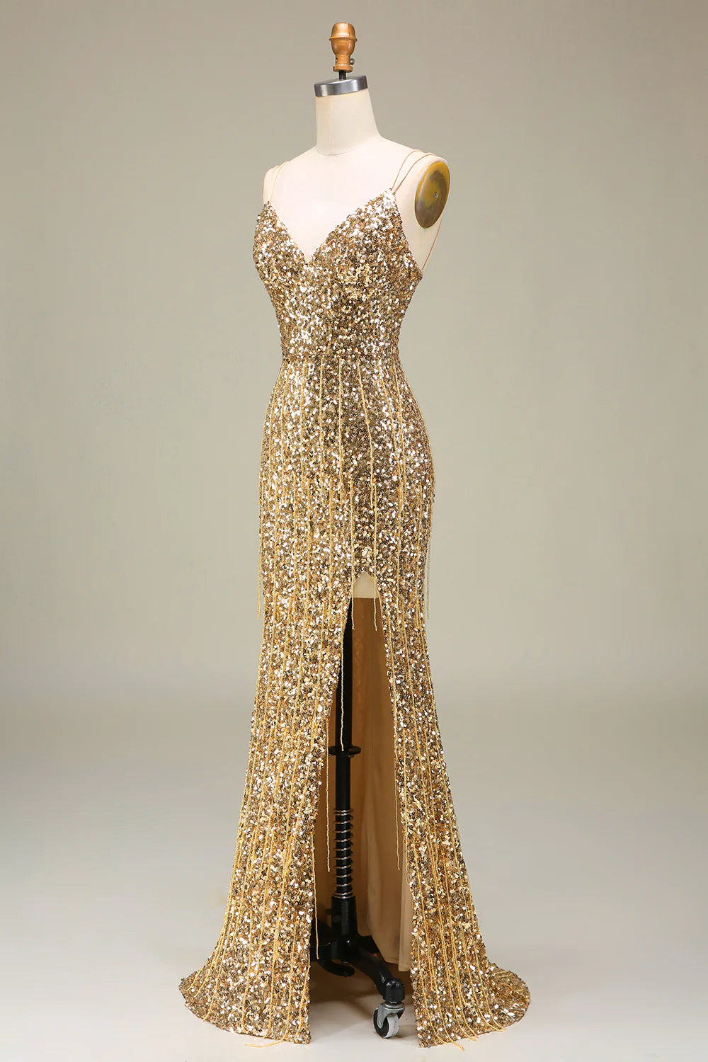 Wholesa Sparkly Mermaid Golden Long Prom Dress with Slit
