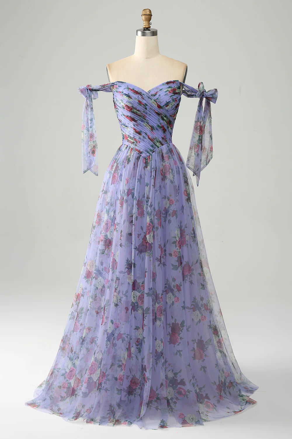 Wholesa Lavender Floral Print Tulle Prom Dress with Pleated