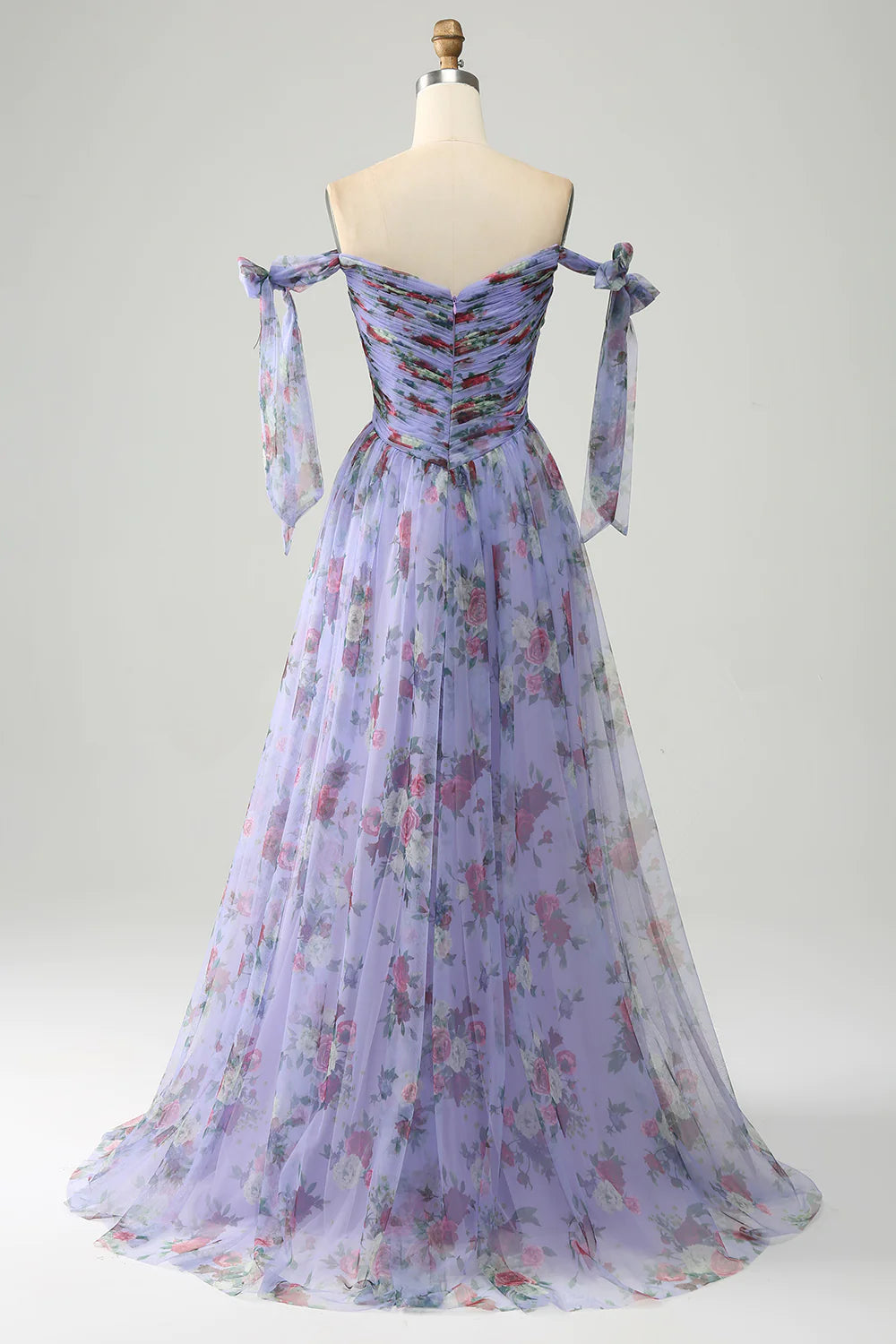 Wholesa Lavender Floral Print Tulle Prom Dress with Pleated