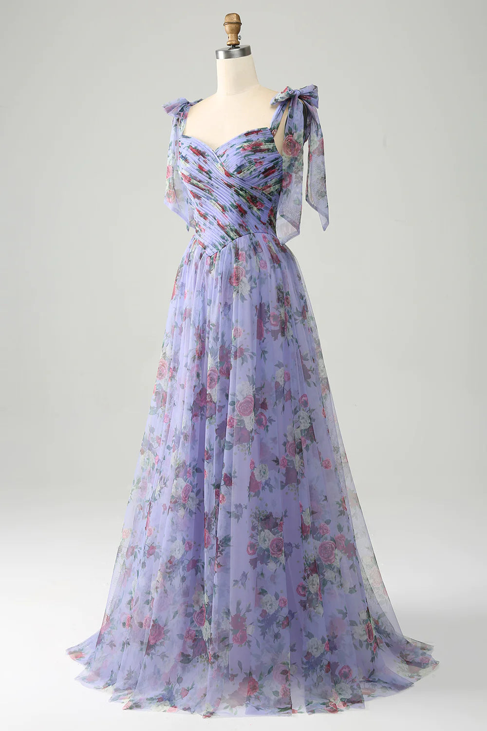 Wholesa Lavender Floral Print Tulle Prom Dress with Pleated