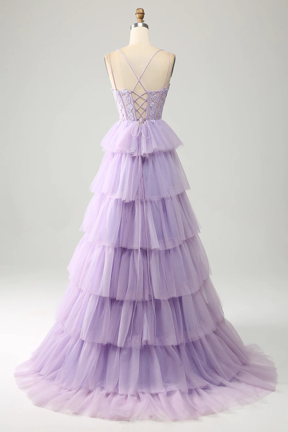Wholesa Lilac Tulle Tiered Princess Corset Prom Dress with Appliques