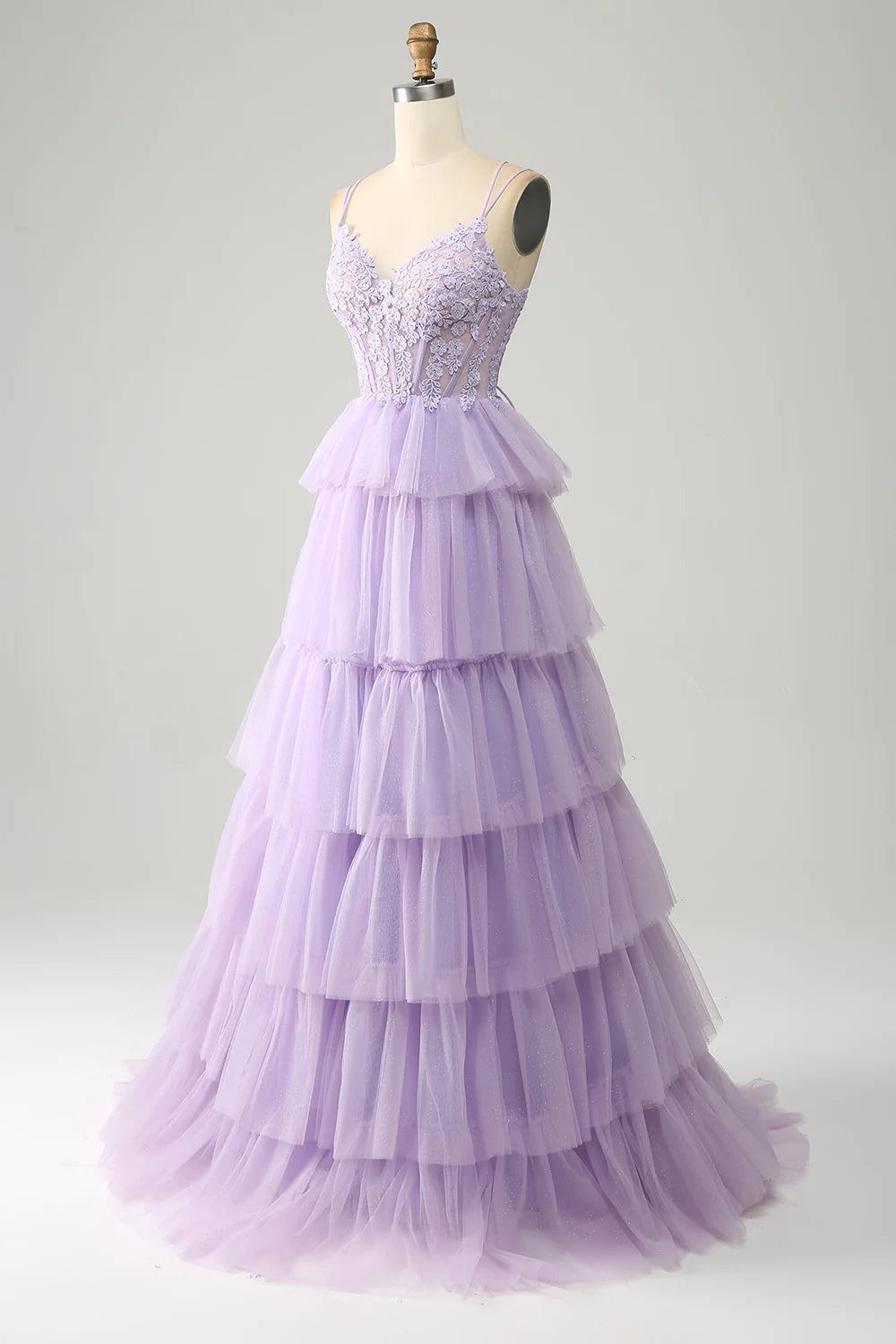 Wholesa Lilac Tulle Tiered Princess Corset Prom Dress with Appliques