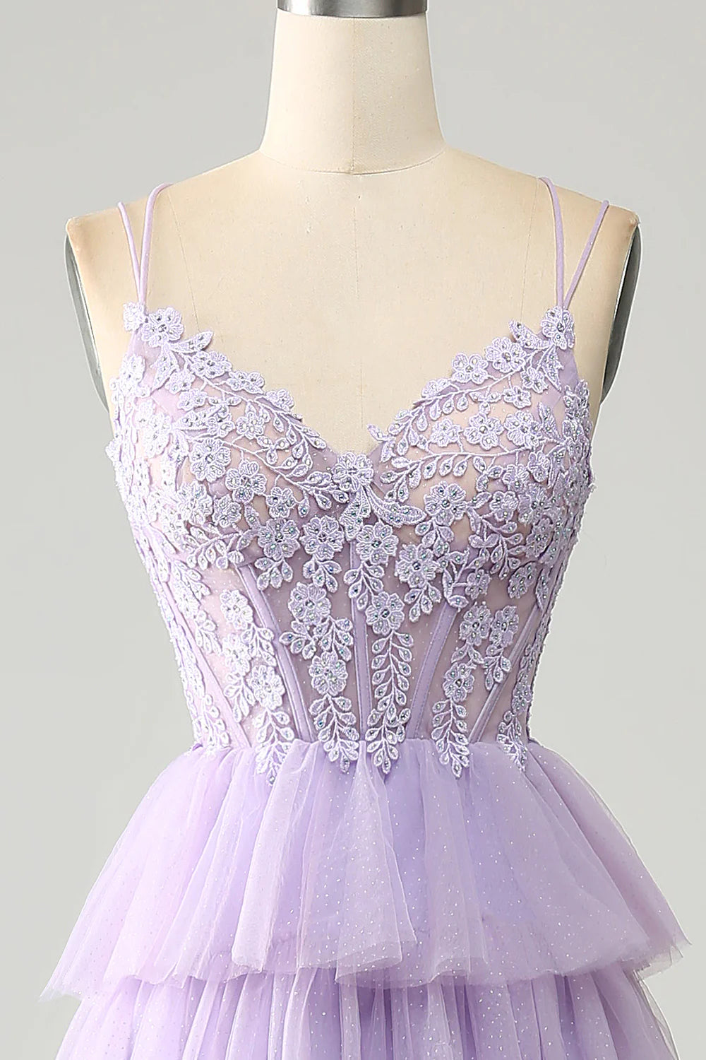 Wholesa Lilac Tulle Tiered Princess Corset Prom Dress with Appliques