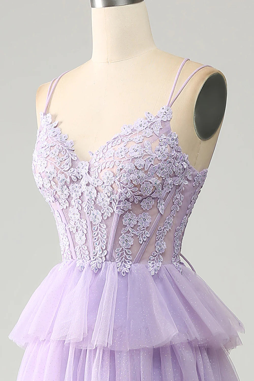 Wholesa Lilac Tulle Tiered Princess Corset Prom Dress with Appliques