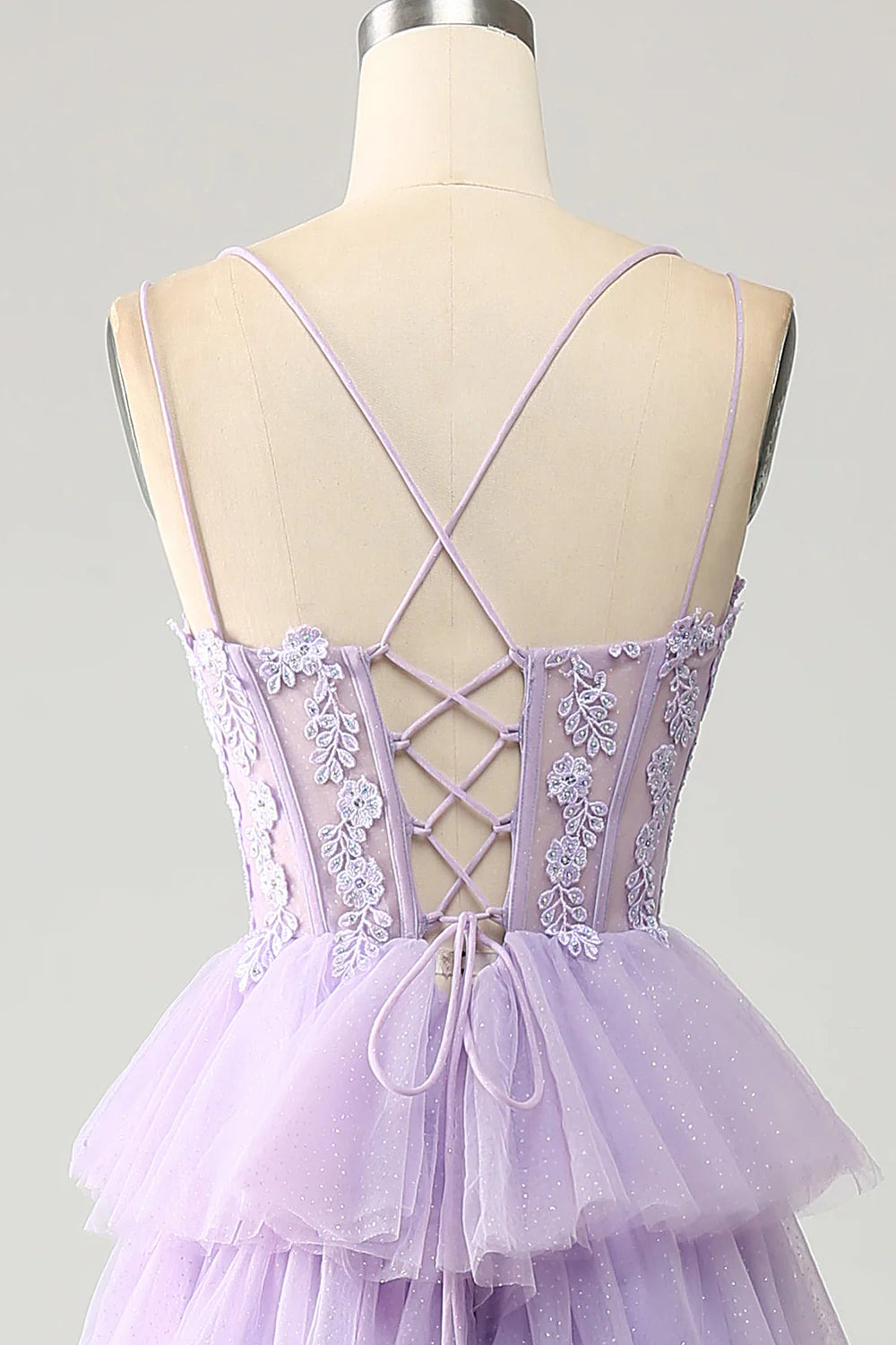 Wholesa Lilac Tulle Tiered Princess Corset Prom Dress with Appliques