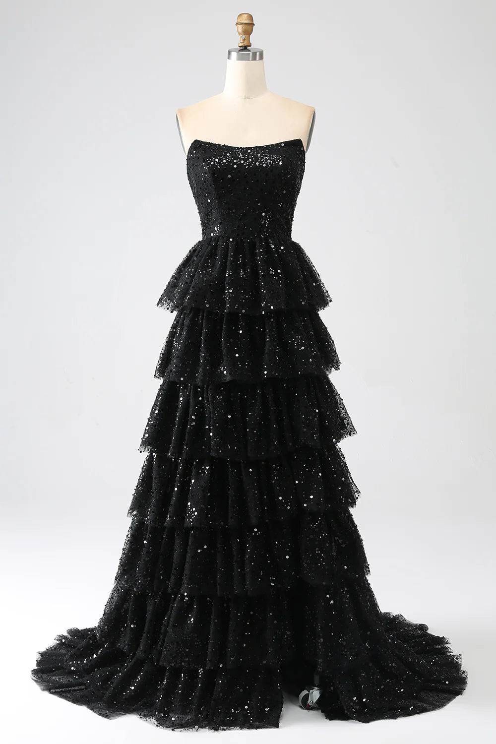 Wholesa A-Line Sequins Black Tiered Prom Dress with Slit