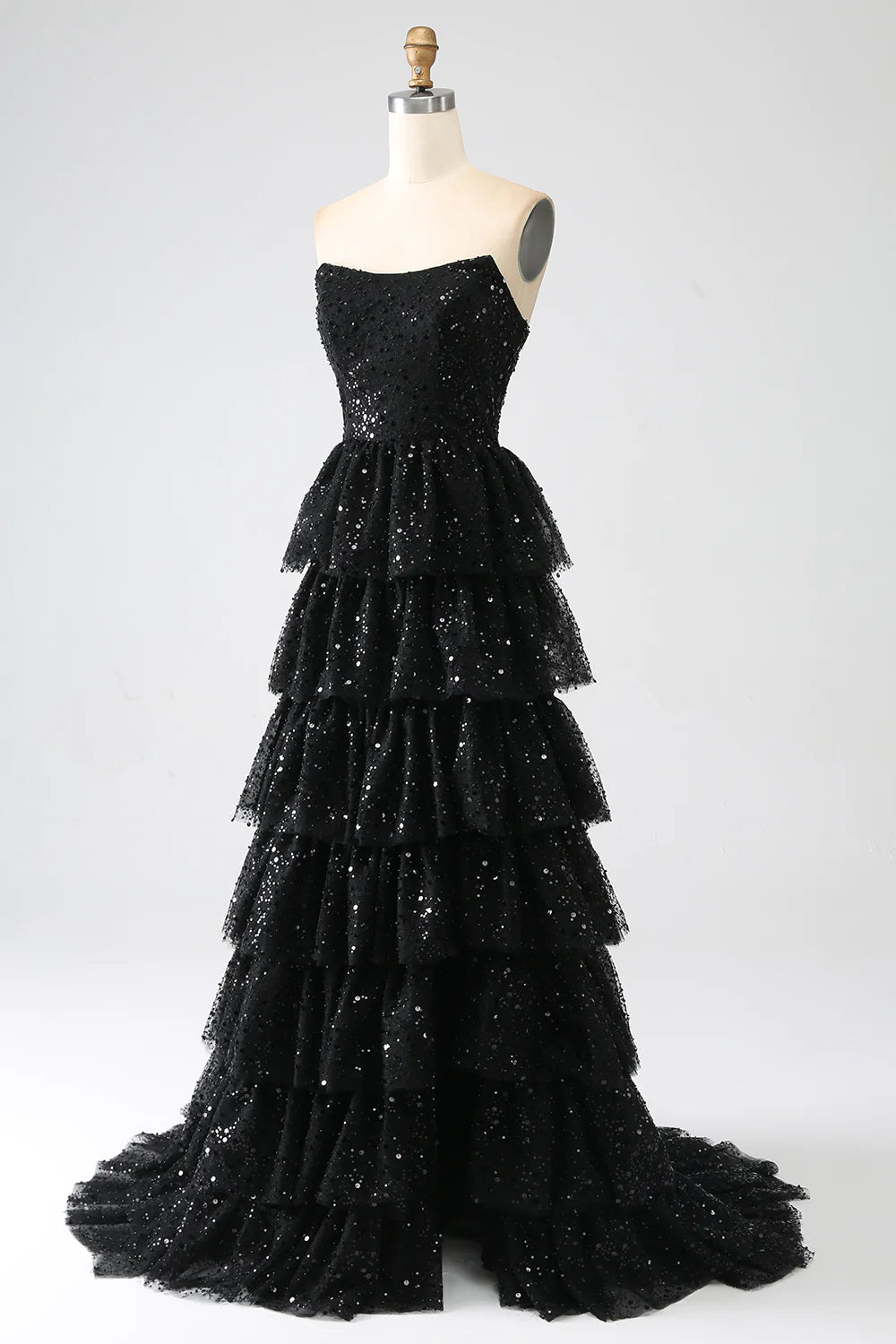 Wholesa A-Line Sequins Black Tiered Prom Dress with Slit