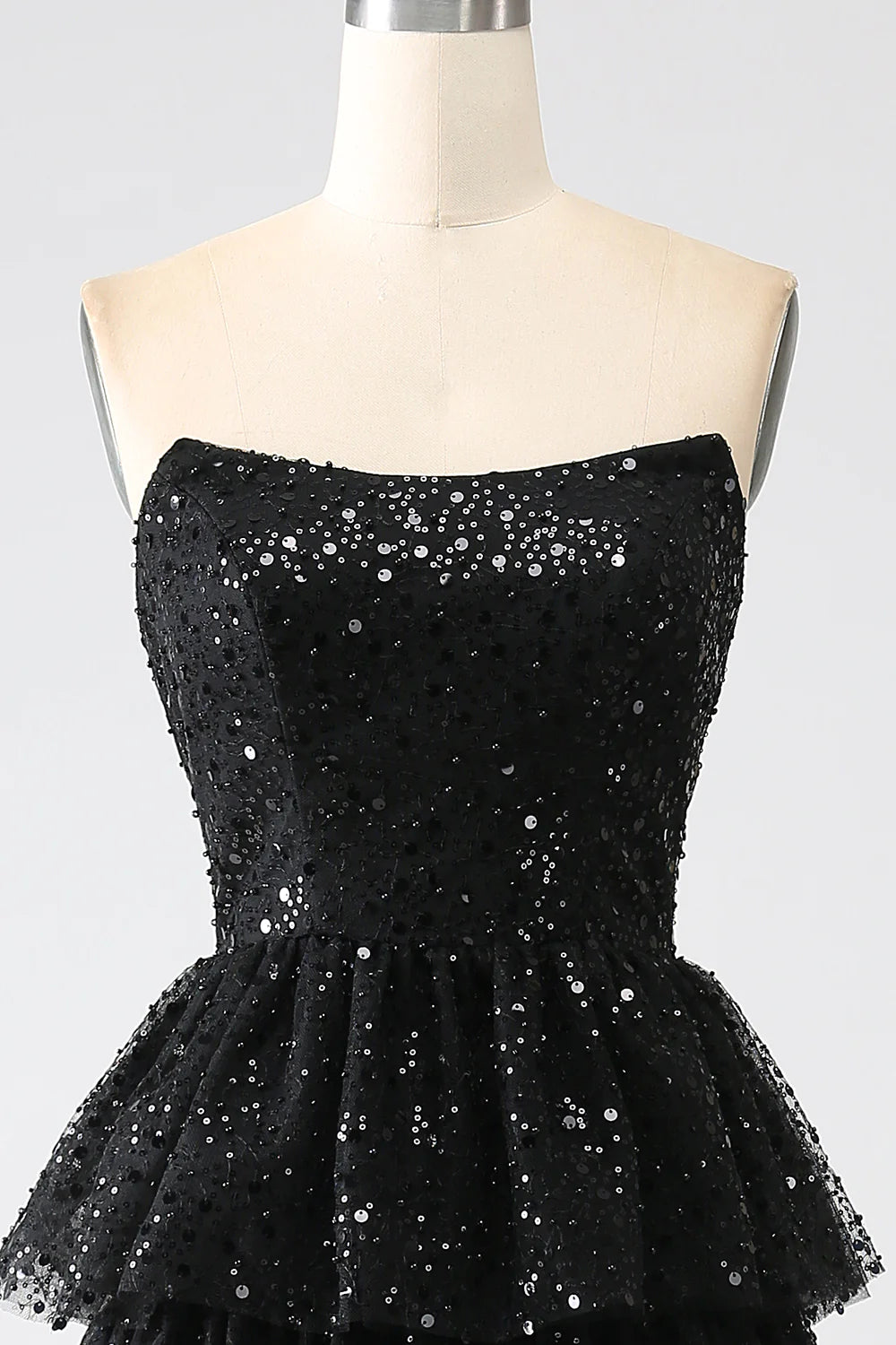 Wholesa A-Line Sequins Black Tiered Prom Dress with Slit