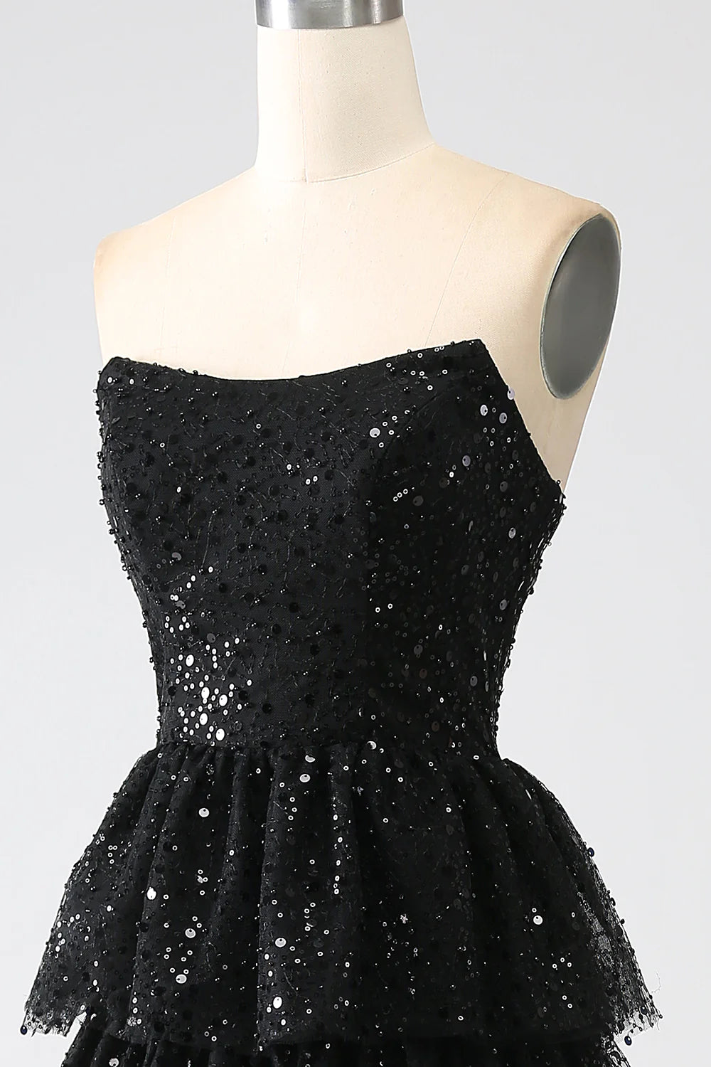 Wholesa A-Line Sequins Black Tiered Prom Dress with Slit