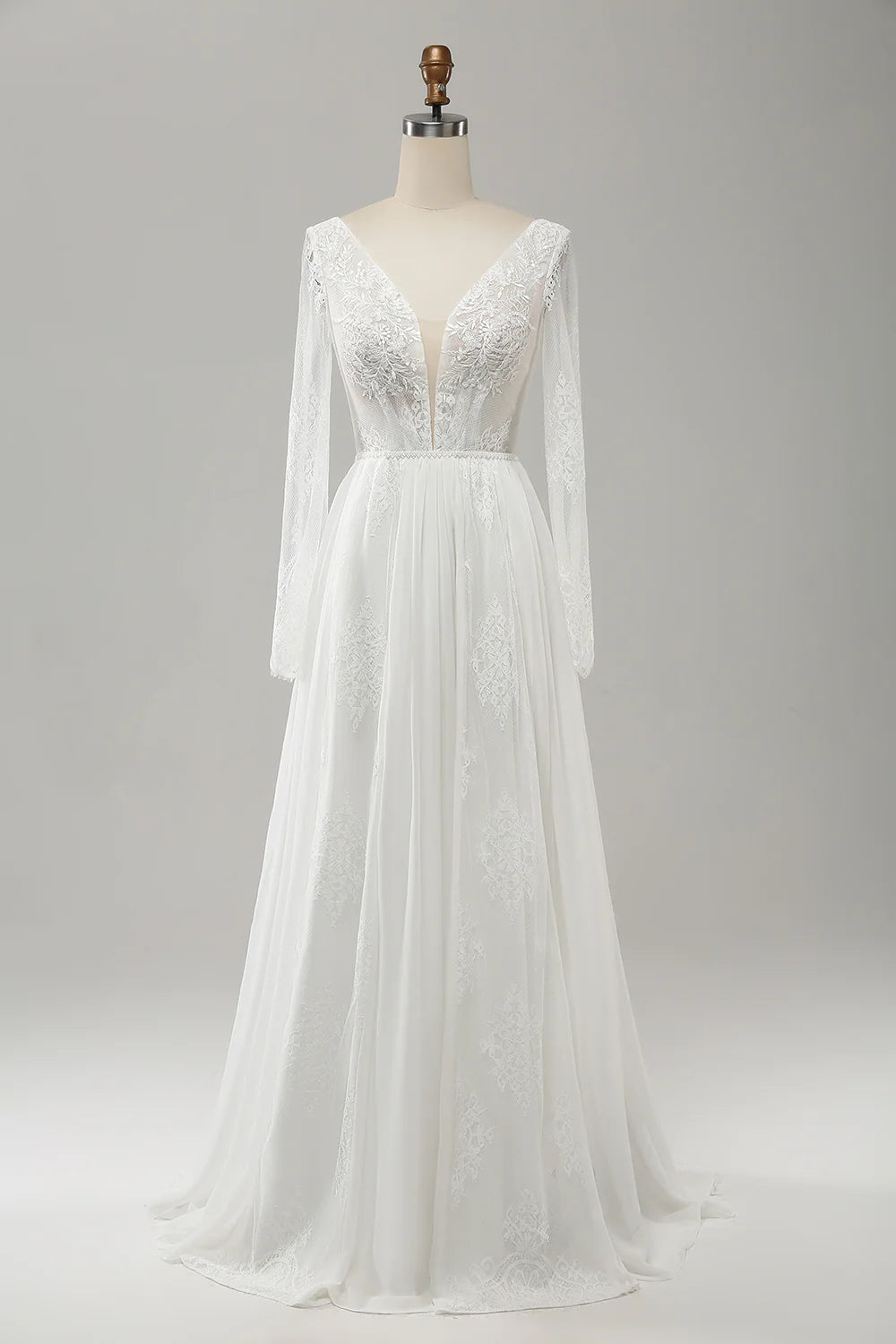 Wholesa Beach Boho A Line V Neck Long Sleeve Wedding Dress with Lace Appliqued