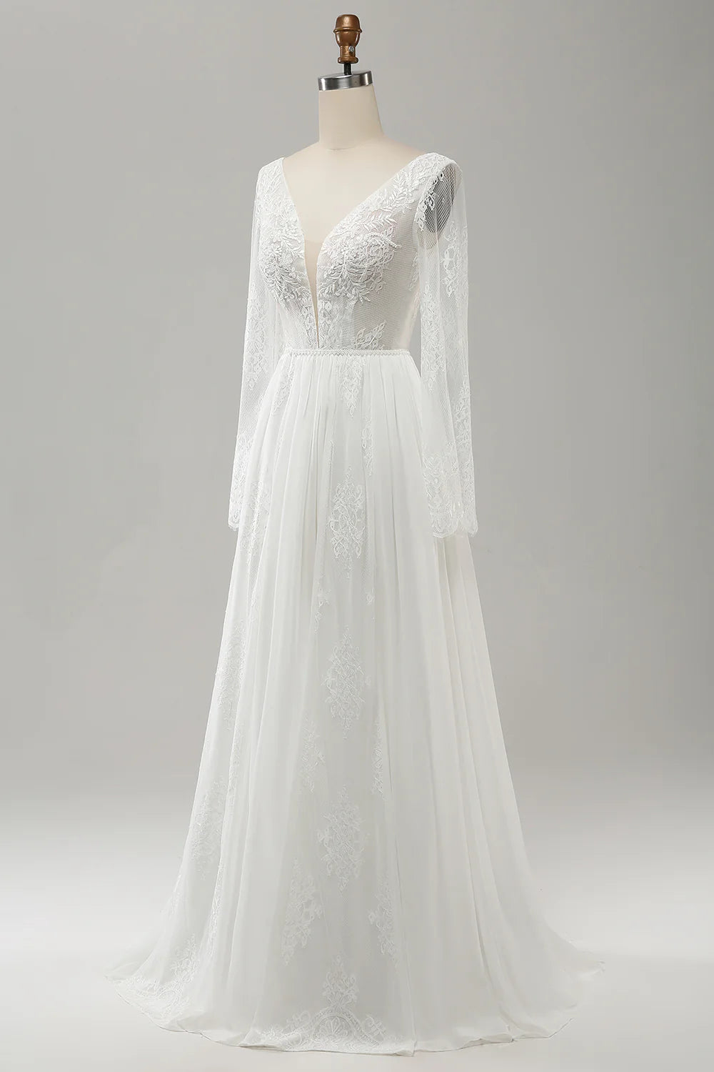 Wholesa Beach Boho A Line V Neck Long Sleeve Wedding Dress with Lace Appliqued