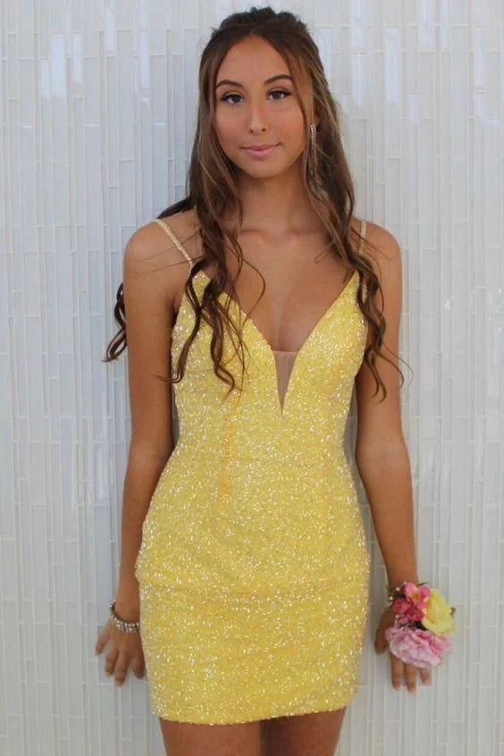 Yellow Sequin Spaghetti Strap Plunge V Neck Bodycon Mini Homecoming Dress