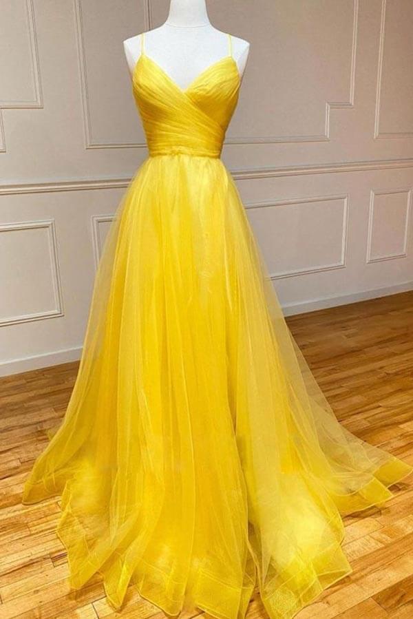Wholesa A-line V-neck Tulle Prom Dresses With Train
