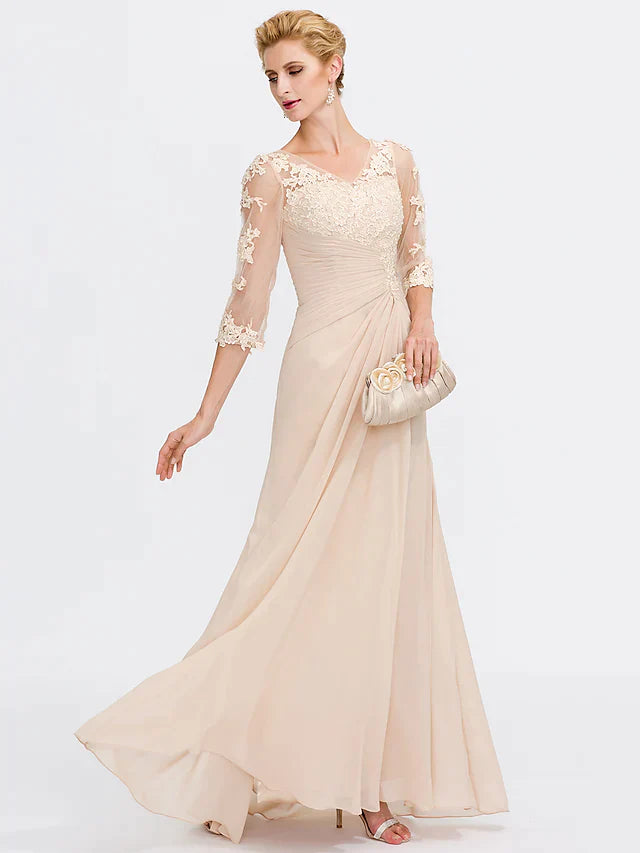 Wholesa Mother of the Bride Dress Elegant See Through V Neck Floor Length Chiffon Sheer Lace Half Sleeve with Appliques Side Draping