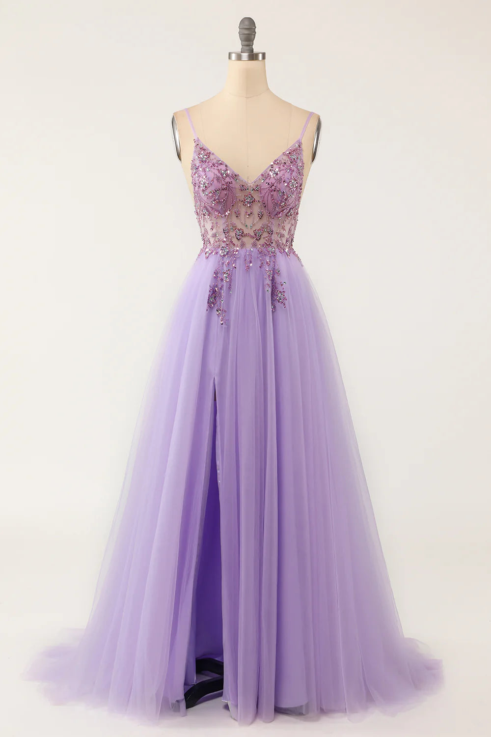 Wholesa Purple Beaded Tulle Long Prom Dress
