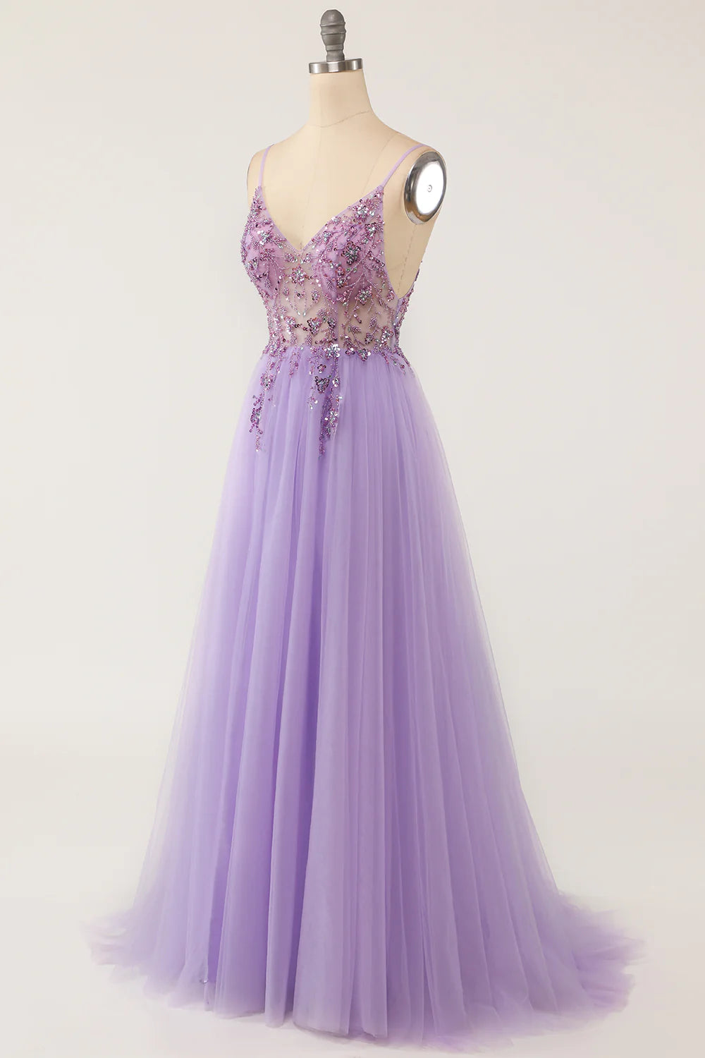 Wholesa Purple Beaded Tulle Long Prom Dress