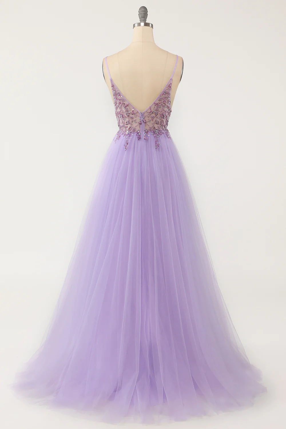 Wholesa Purple Beaded Tulle Long Prom Dress
