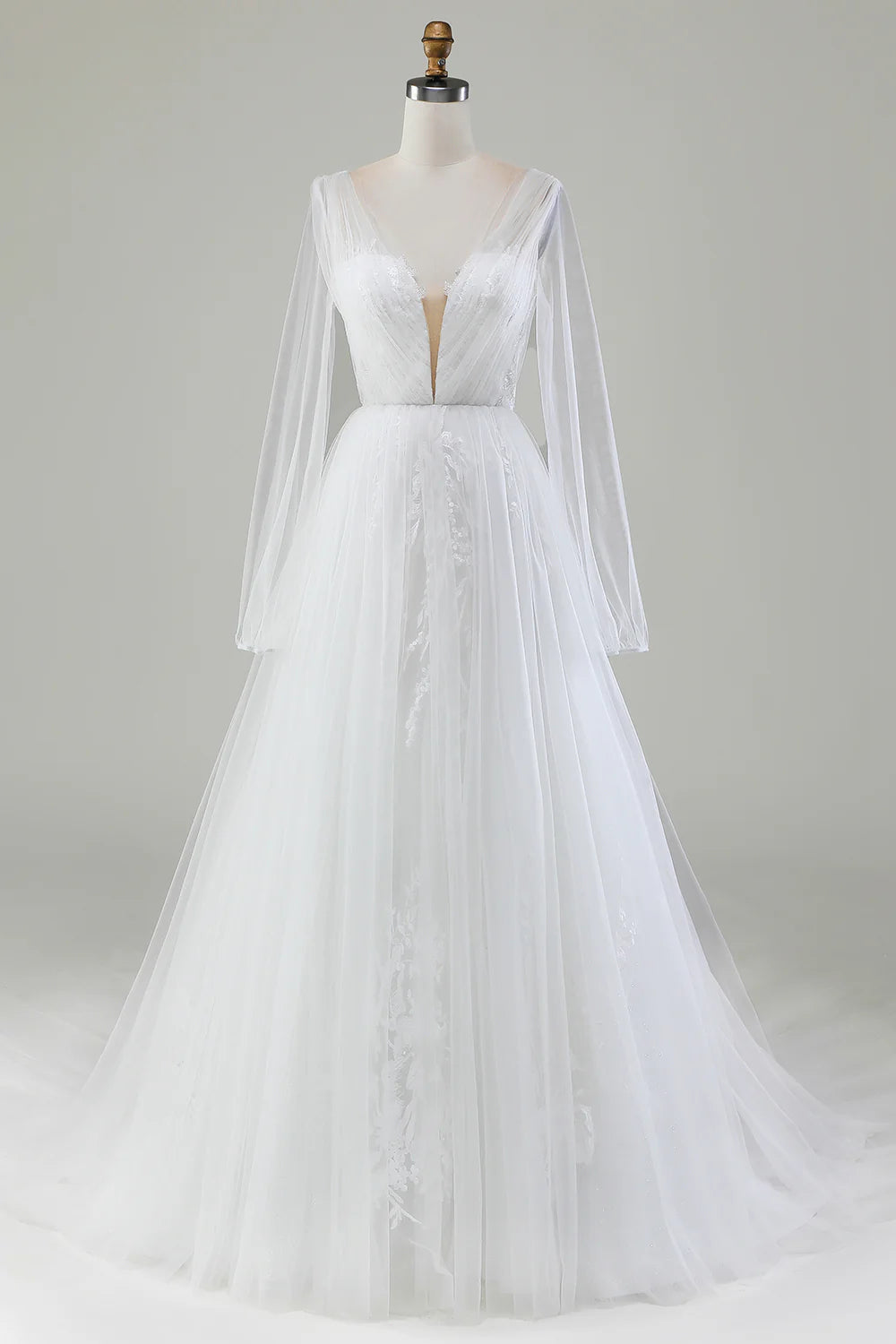 Wholesa A-Line V-Neck Pleated Tulle Wedding Dress With Long Sleeves