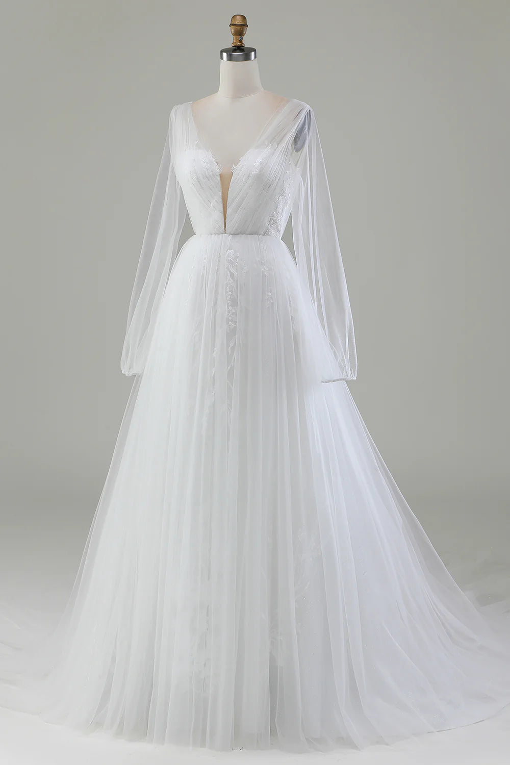 Wholesa A-Line V-Neck Pleated Tulle Wedding Dress With Long Sleeves