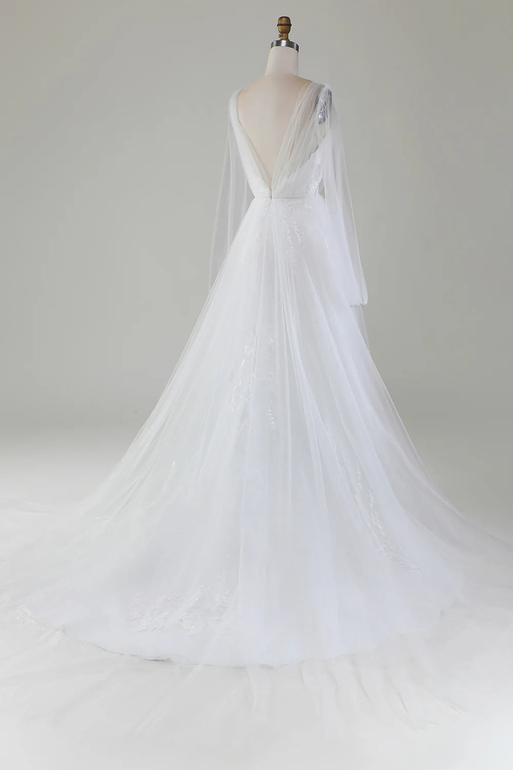 Wholesa A-Line V-Neck Pleated Tulle Wedding Dress With Long Sleeves