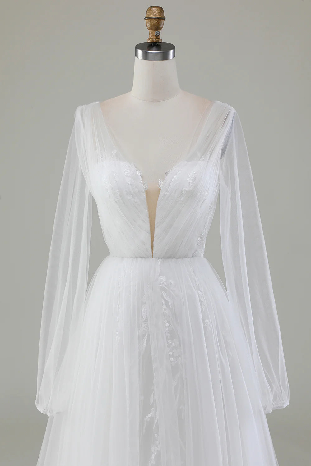 Wholesa A-Line V-Neck Pleated Tulle Wedding Dress With Long Sleeves