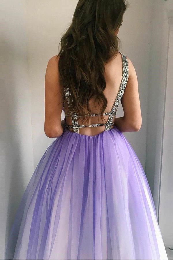 Wholesa A-Line Deep V-Neck Floor-Length Tulle Backless Purple Prom Dress with Beading