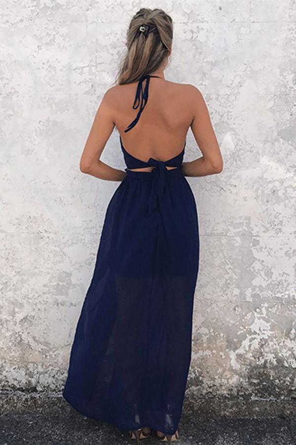 Wholesa A-Line Halter Floor-Length Backless Navy Blue Chiffon formal dresses Prom Dress
