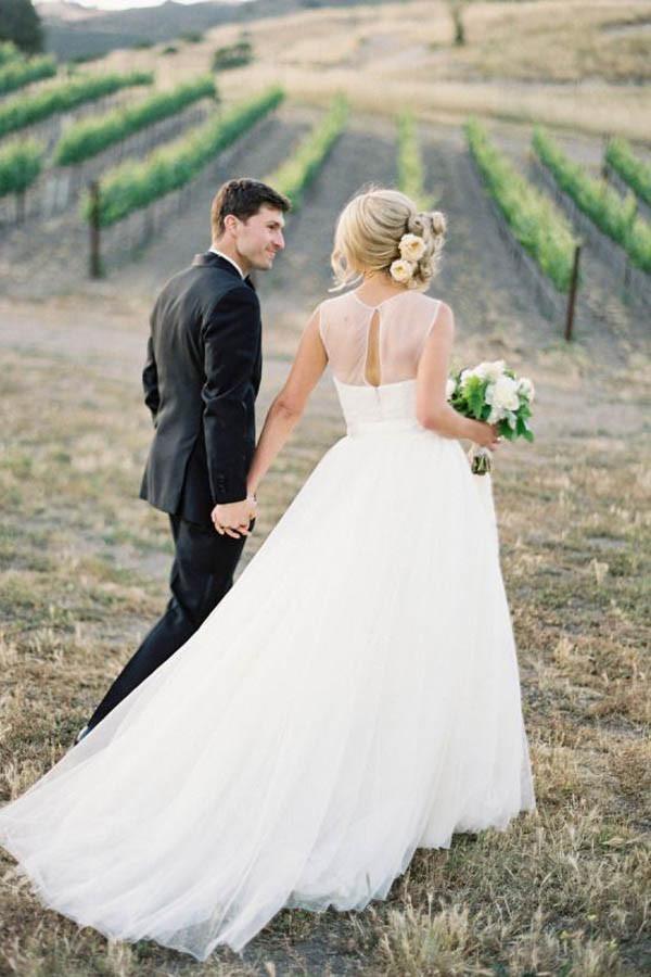 Wholesa A-line Vintage Outdoor Illusion Tulle Ivory Wedding Dress