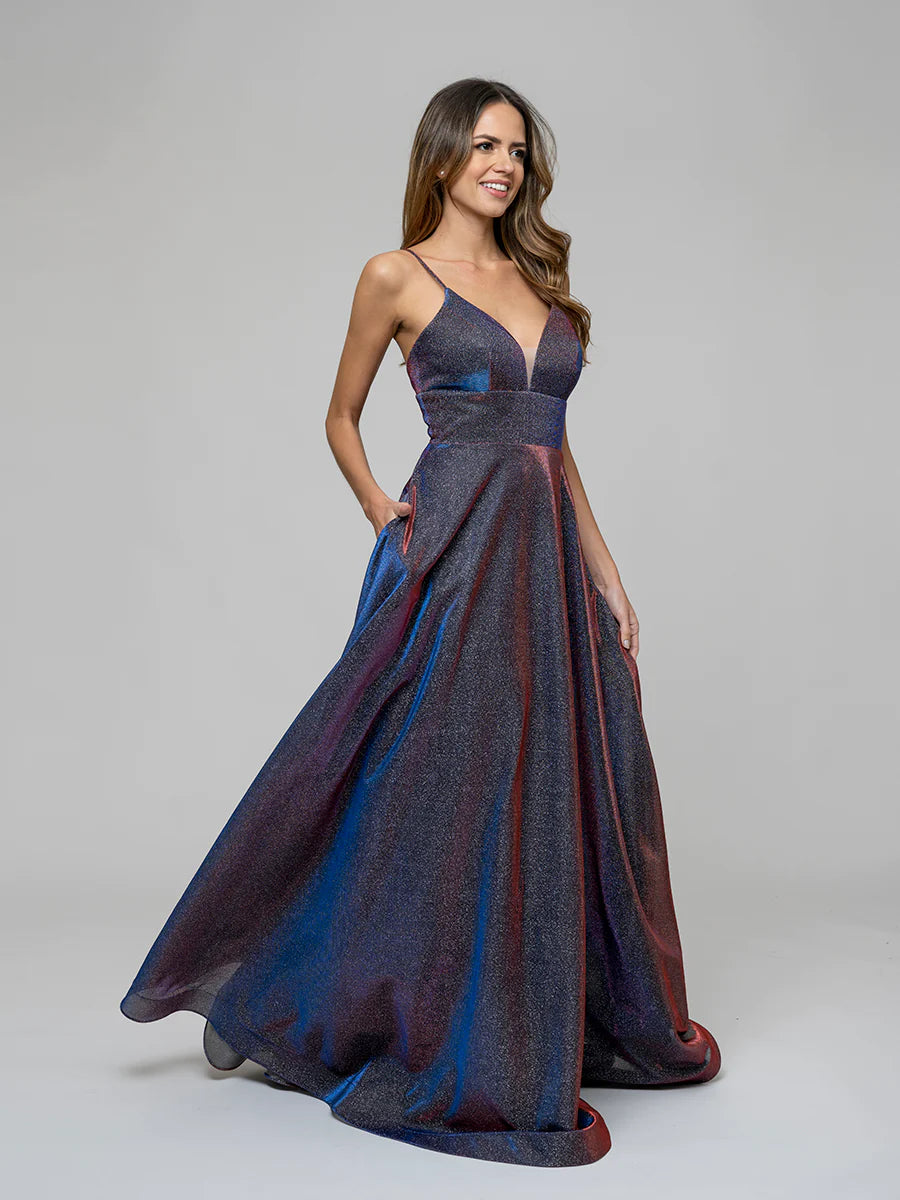 Wholesa A Line Lace-up Spaghetti Straps Metallic Glitter Prom Dresses