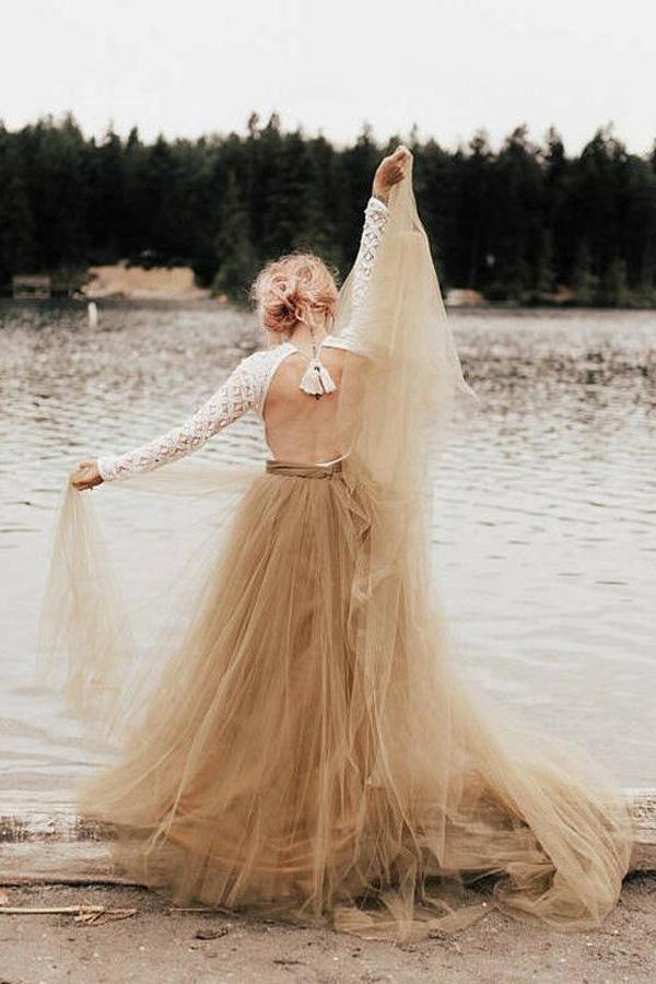 Wholesa A-Line Long Sleeve Backless Princess Gown Bridal Gown Wedding Dress