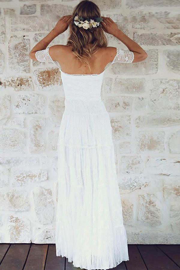 Wholesa Boho A-Line Off-the-Shoulder Short Sleeves Lace Wedding Dress