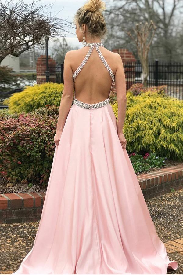 Wholesa A-Line Open Back Sleeveless Pink Satin Prom Dress with Beading