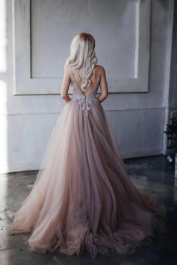 Wholesa A-Line Princess Spaghetti Straps Sweep Train Prom Dress with Appliques