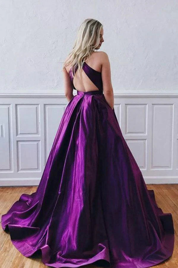 Wholesa A-Line Backless Long Crossed Straps Purple Satin Prom Dresses Formal Dress