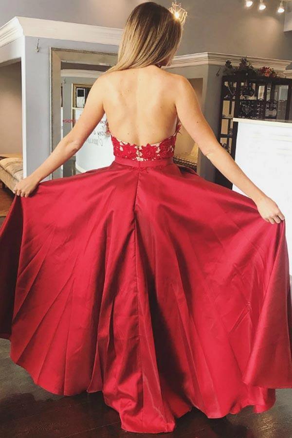 Wholesa A-Line V-neck Appliques Backless Red Satin Long Prom Dress With Pocket