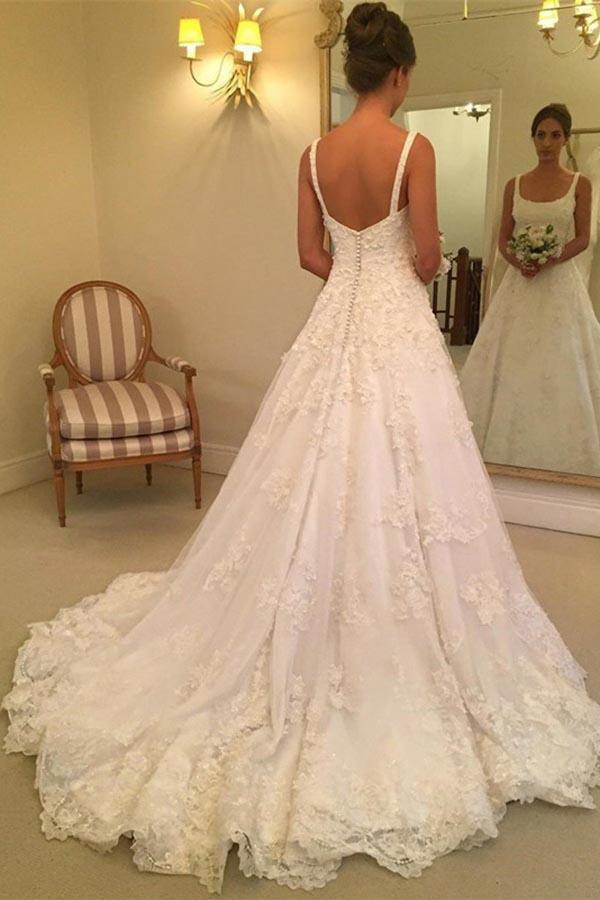 Wholesa A-line Scoop Sweep Sleeveless Train Wedding Dress with Appliques