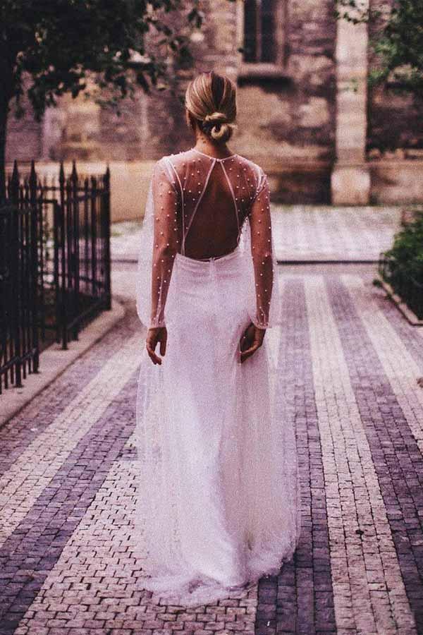 Wholesa A-line See Through Tulle Pearl Long Sleeve Wedding Dresses