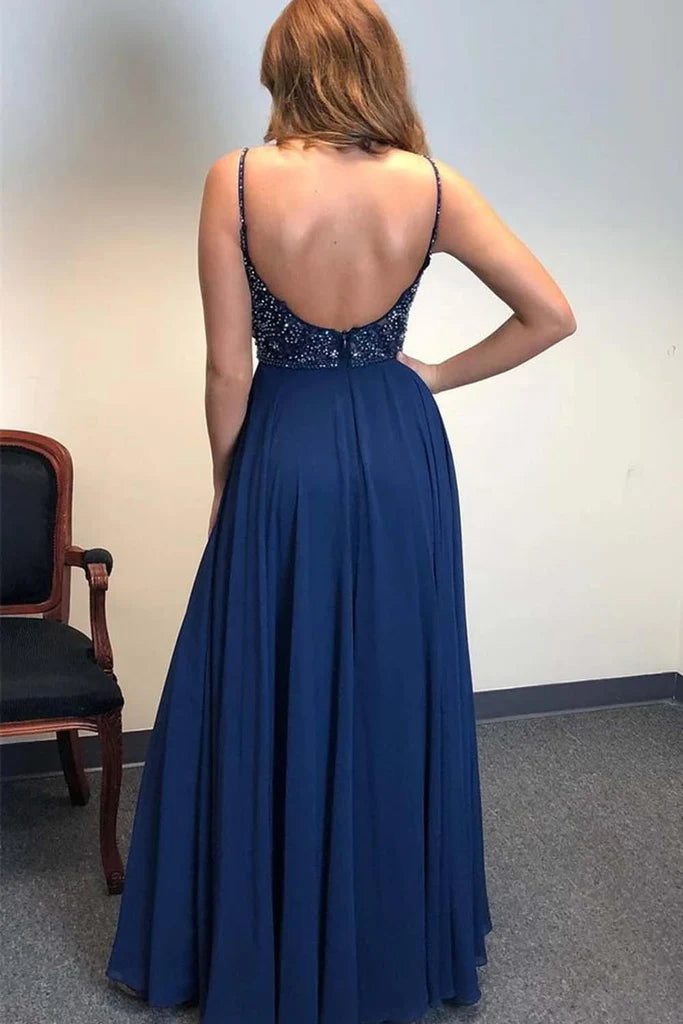 Wholesa A-line Spaghetti Straps Beaded Dark Navy Long Prom Dresses Evening Dress