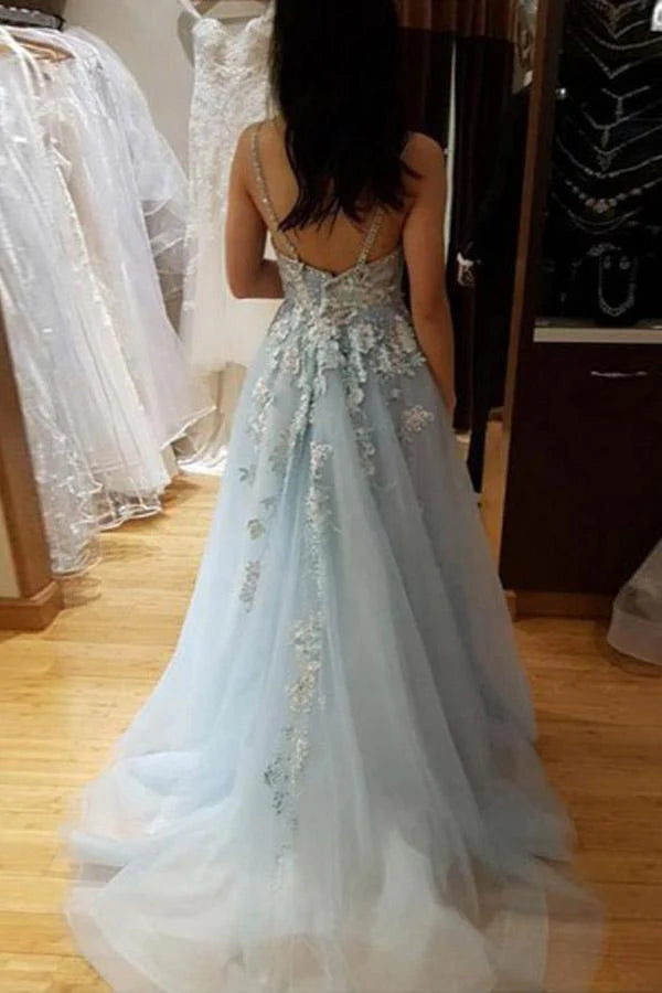Wholesa A Line Spaghetti Straps Light Blue Prom Dress With Beading Appliques