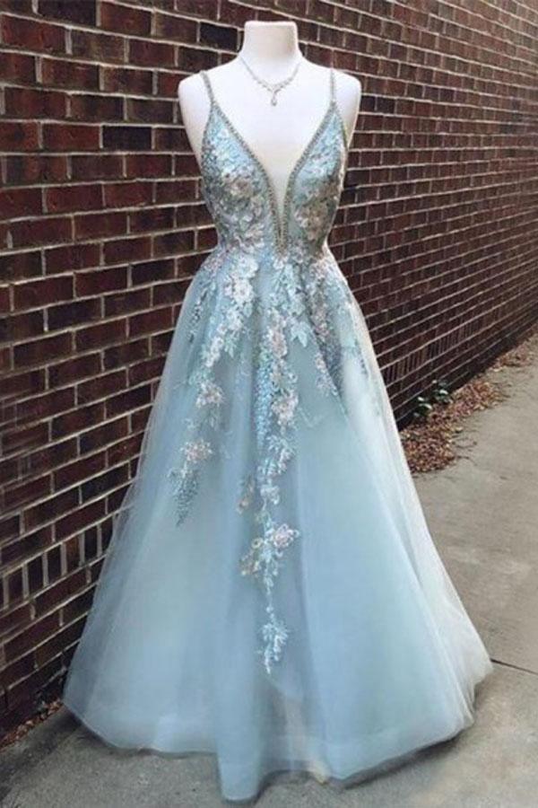 Wholesa A Line Spaghetti Straps Light Blue Prom Dress With Beading Appliques
