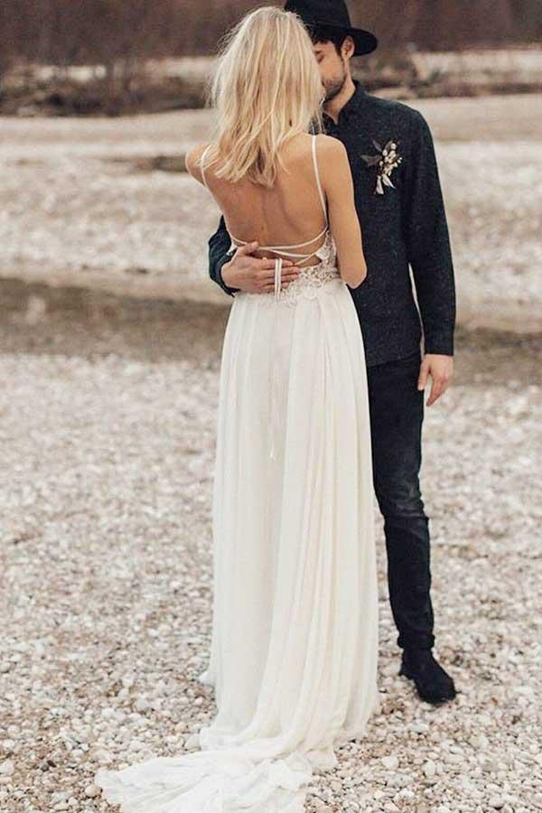 Wholesa A-Line Spaghetti Straps Long Chiffon Wedding Dress with Lace