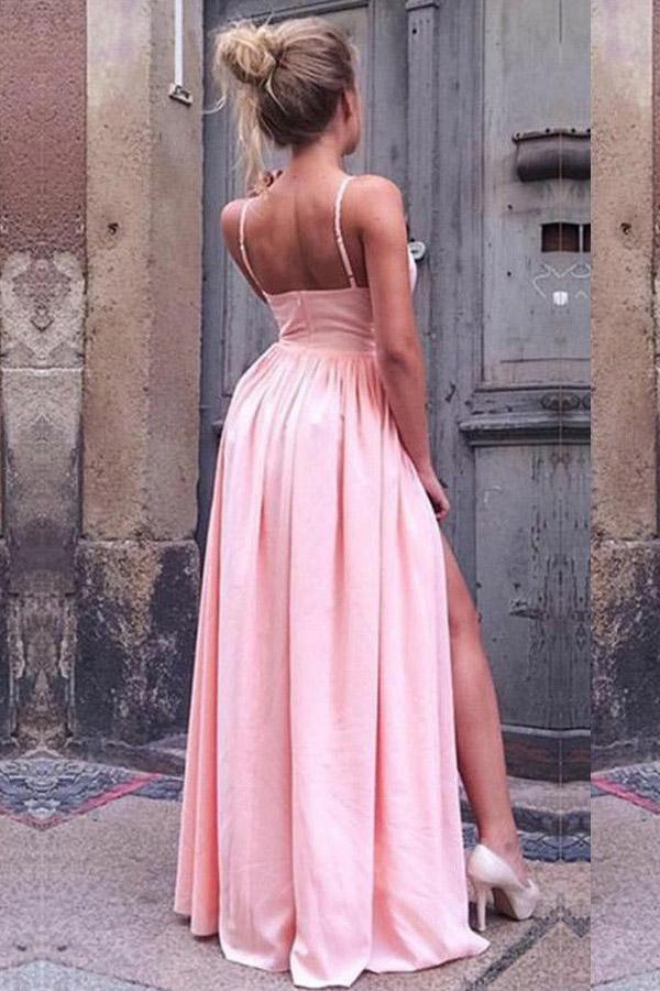 Wholesa A-Line Spaghetti Straps Pink Pleated formal dresses evening gown Prom Dress with High Split