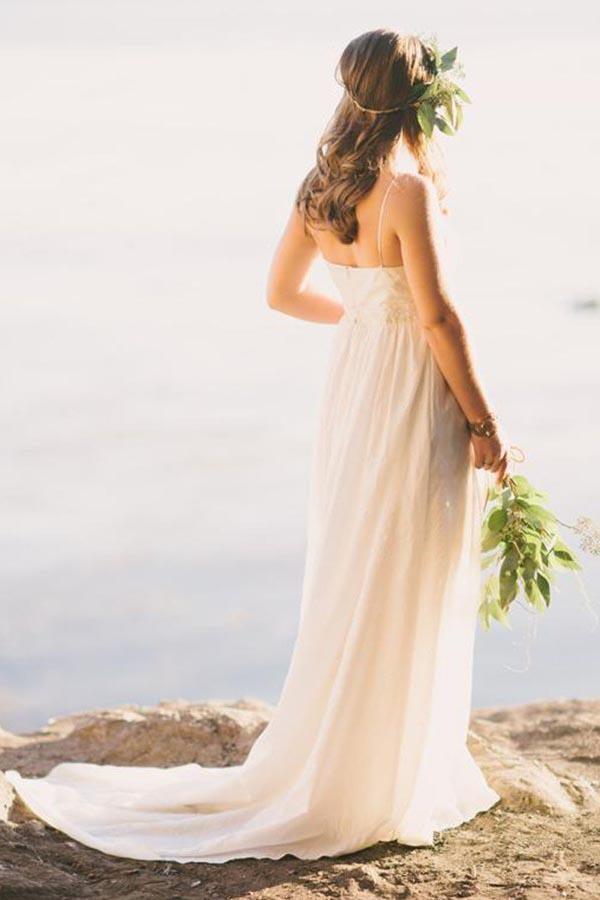 Wholesa A-Line Spaghetti Straps Sweep Train Chiffon Wedding Dress