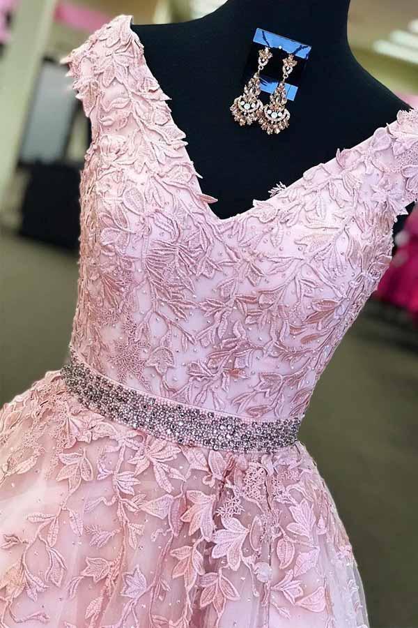 Wholesa A-line V-Neck Cap Sleeves Tulle Beaded Appliques Pink Prom Dress