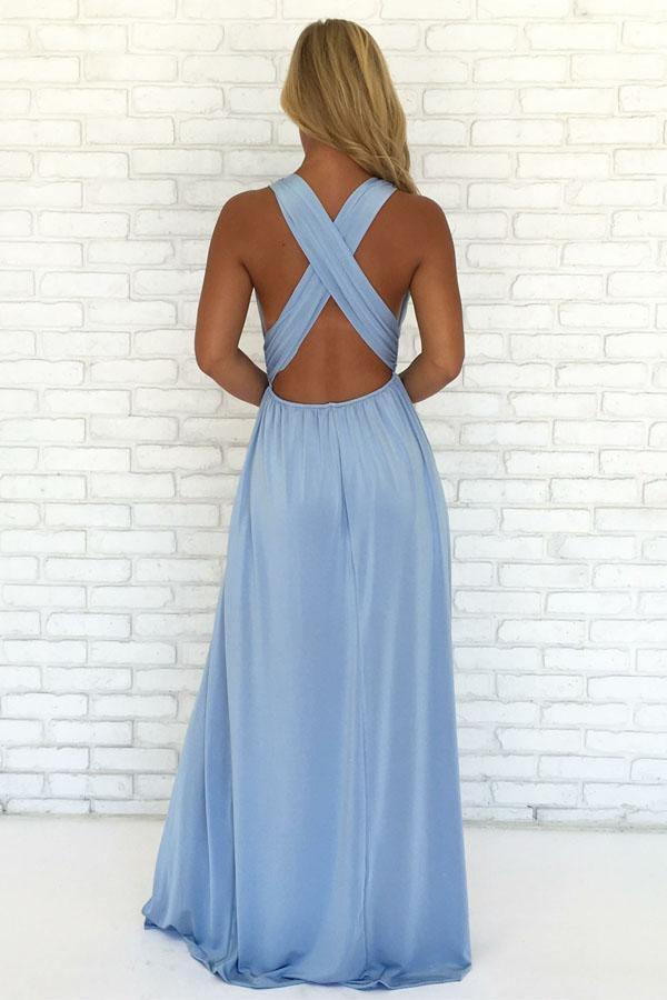 Wholesa A-Line V-Neck Criss-Cross Straps Chiffon Sky Blue Prom Dress with Split