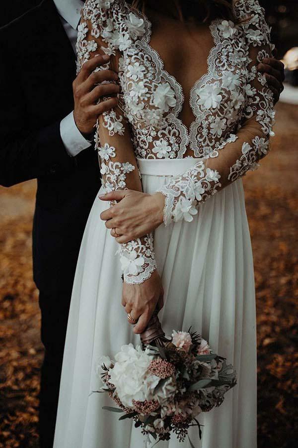 Wholesa A-Line V-Neck Floor Length Chiffon Wedding Dress with Appliques Flowers